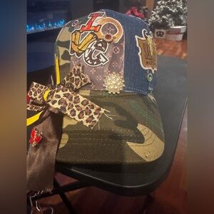 Camouflage and Denim Unisex Trucker Cap with Leopard detachable Bow